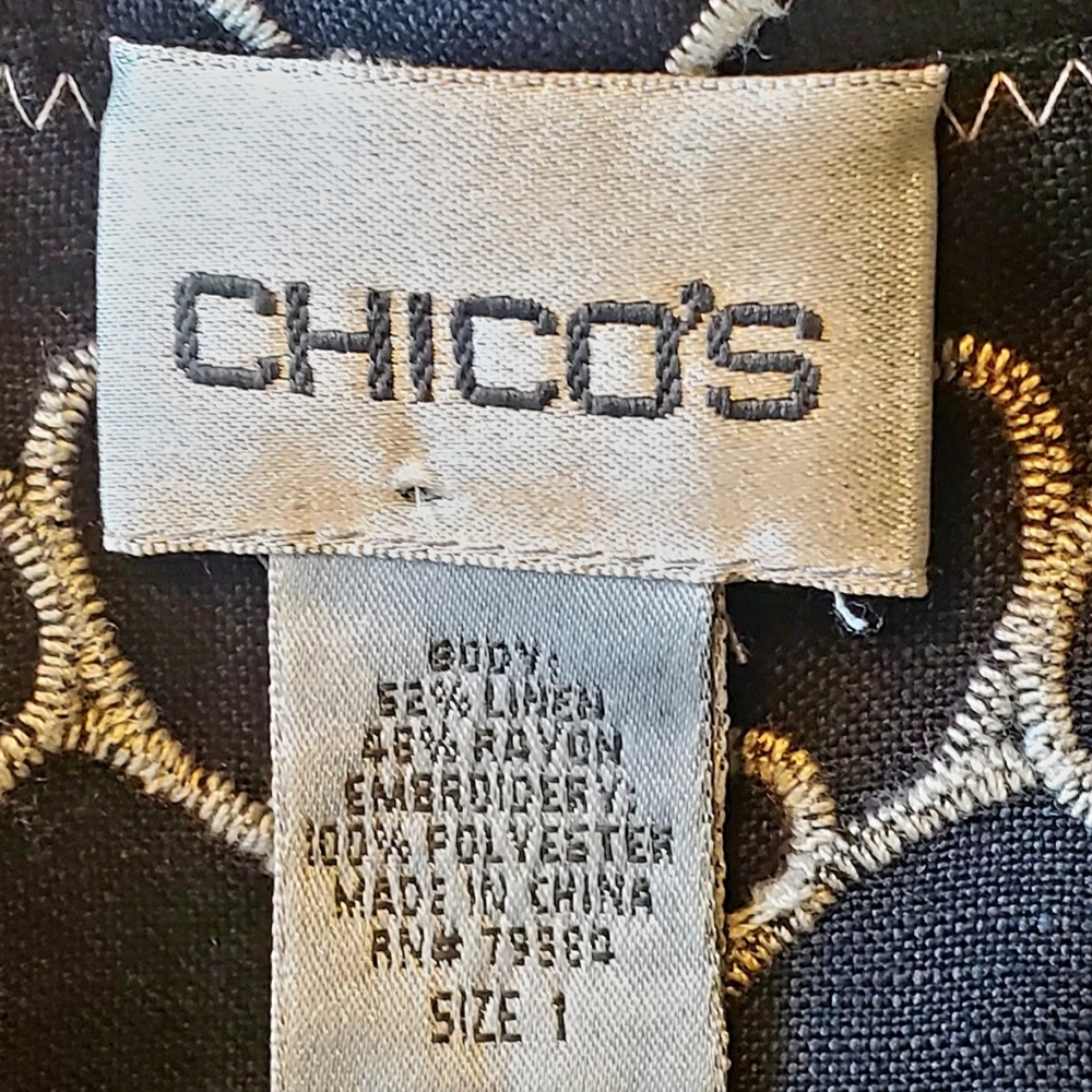 Chico's Black Linen Blend & White Floral Embroidered Open Front Jacket S 1(M8) - Picture 2 of 4